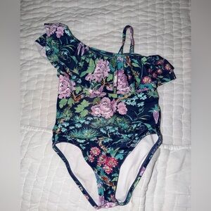 Janie and Jack Girls Navy Floral One Shoulder Swimsuit with Ruffle